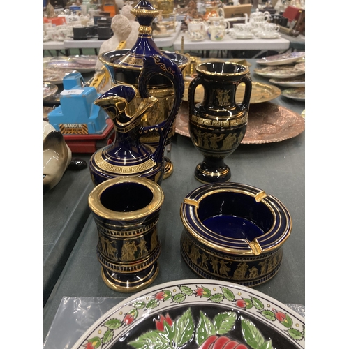 286 - A GROUP OF COBALT BLUE AND GILT GREEK DESIGN CERAMIC ITEMS AND A TUBELINED PLAQUE