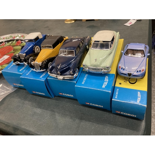 287 - FIVE BOXED CORGI 'A CENTURY OF CARS' TO INCLUDE AN ALFA ROMEO, A CORD L29, TUCKER 1948, BUICK CABRIO... 