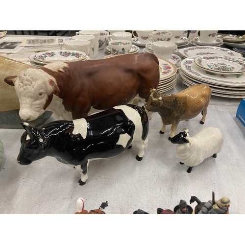 297 - A GROUP OF CATTLE MODELS - BESWICK COWS, RAM ETC