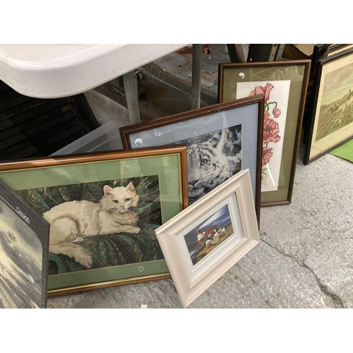 1031 - THREE FRAMED TAPESTRIES, A CAT, TIGER AND FLOWERS PLUS A HUMOROUS PRINT OF PUFFINS