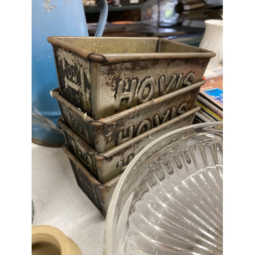 965 - A MIXED LOT - HOVIS TINS, JUGS, DELPHINE, STONEWARE JARS ETC