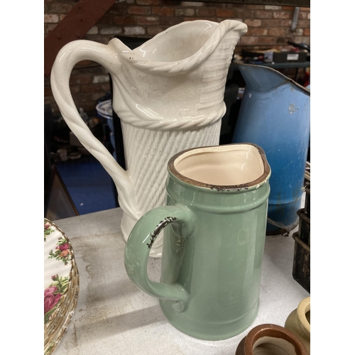 965 - A MIXED LOT - HOVIS TINS, JUGS, DELPHINE, STONEWARE JARS ETC