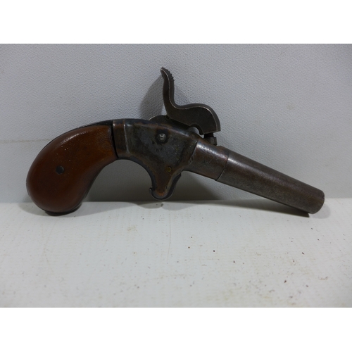 325 - A PERCUSSION CAP TURN OFF BARREL POCKET PISTOL, 5CM BARREL, LENGTH 13CM