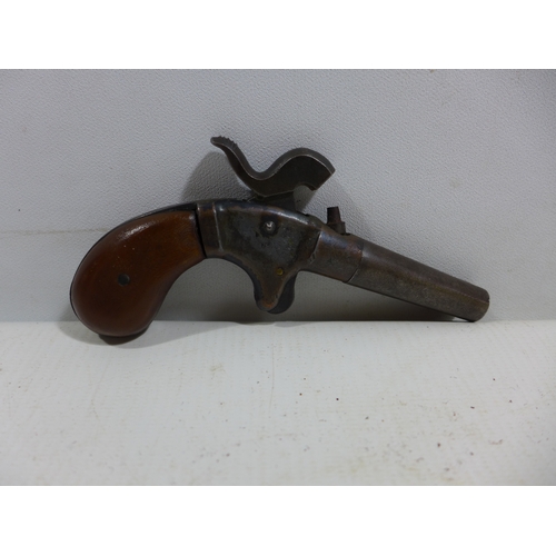 325 - A PERCUSSION CAP TURN OFF BARREL POCKET PISTOL, 5CM BARREL, LENGTH 13CM