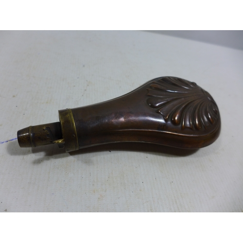 327 - A COPPER AND BRASS POWDER FLASK, LENGTH 19CM