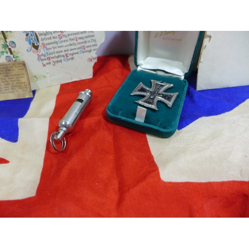 329 - A COTTON UNION JACK, 43 X 87CM, COPY IRON CROSS, HOME SCOUT WHISTLE AND FIRST DAY COVERS ETC