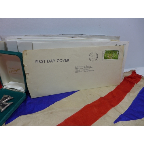 329 - A COTTON UNION JACK, 43 X 87CM, COPY IRON CROSS, HOME SCOUT WHISTLE AND FIRST DAY COVERS ETC