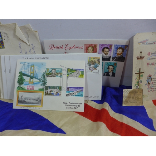 329 - A COTTON UNION JACK, 43 X 87CM, COPY IRON CROSS, HOME SCOUT WHISTLE AND FIRST DAY COVERS ETC