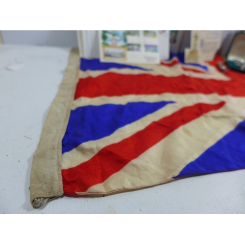 329 - A COTTON UNION JACK, 43 X 87CM, COPY IRON CROSS, HOME SCOUT WHISTLE AND FIRST DAY COVERS ETC