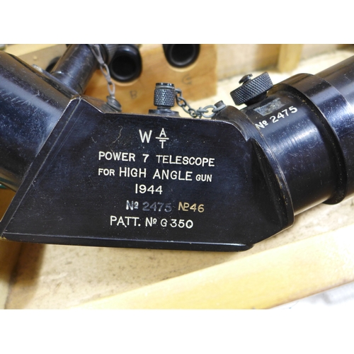 340 - A BOXED W.OTTWAY AND A POWER SEVEN GUNSIGHT FOR HIGH ANGLE GUN, PATT G.350 DATED 1944, LENGTH 62CM