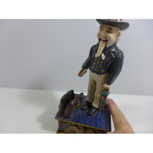 342 - A PAINTED CAST IRON UNCLE SAM MONEY BOX, HEIGHT 27CM