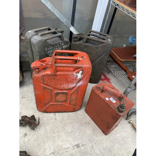 1561 - THREE METAL JERRY CANS AND A VINTAGE 'SPUR' FUEL CAN WITH BRASS CAP