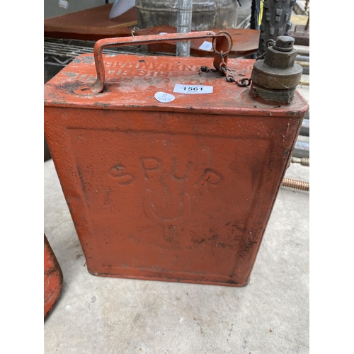 1561 - THREE METAL JERRY CANS AND A VINTAGE 'SPUR' FUEL CAN WITH BRASS CAP