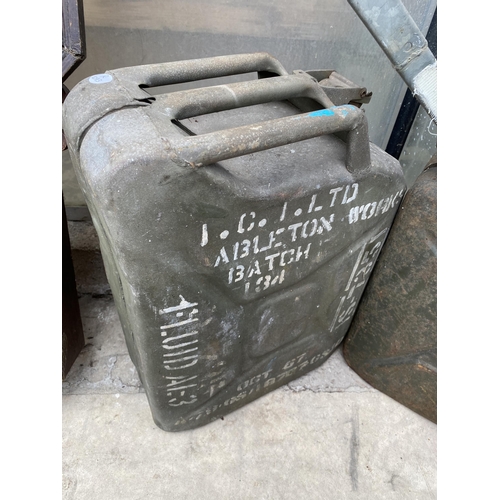 1561 - THREE METAL JERRY CANS AND A VINTAGE 'SPUR' FUEL CAN WITH BRASS CAP