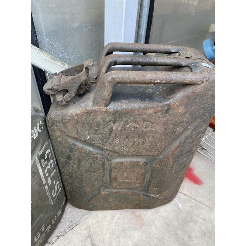 1561 - THREE METAL JERRY CANS AND A VINTAGE 'SPUR' FUEL CAN WITH BRASS CAP