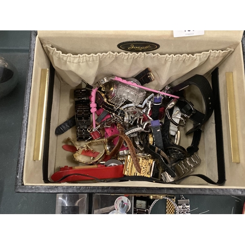 150 - A LARGE QUANTITY OF WRISTWATCHES IN A COMBINATION LOCK VANITY CASE