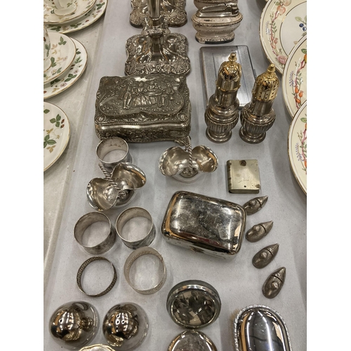 160 - A QUANTITY OF SILVER PLATED ITEMS TO INCLUDE CANDLEABRAS, TABLE LIGHTERS, NAPKIN RINGS, TRINKET BOXE... 