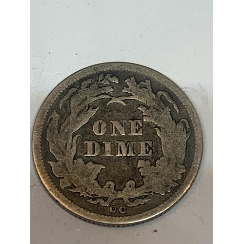 308 - AN 1876 CC U.S.A SEATED LIBERTY SILVER DIME COIN, BELIEVED VF