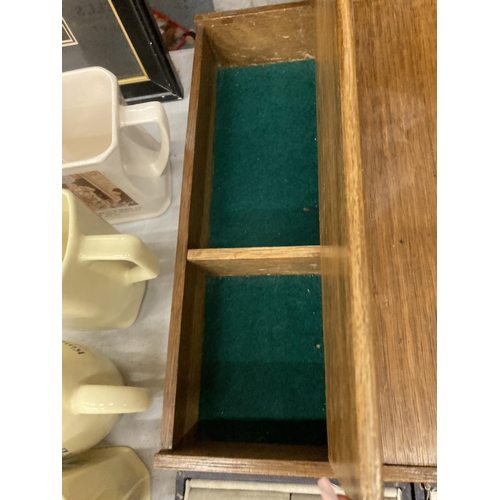 1036 - A OAK FLATWARE BOX PLUS A VINTAGE BOXED BRUSH AND HAND MIRROR SET