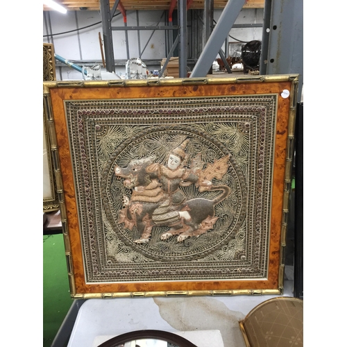 1043 - AN ORIENTAL NEEDLEWORK IN A WALNUT AND BAMBOO STYLE FRAME, 62CM X 62CM