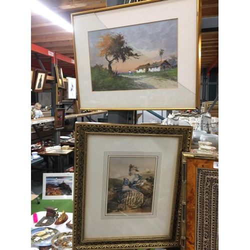 1045 - A FRAMED WATERCOLOUR, SIGNED- GLASS A/F, PLUS A GILT FRAMED PRINT OF A LADY IN THE HAY FIELD