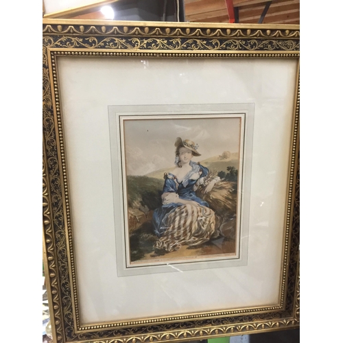 1045 - A FRAMED WATERCOLOUR, SIGNED- GLASS A/F, PLUS A GILT FRAMED PRINT OF A LADY IN THE HAY FIELD