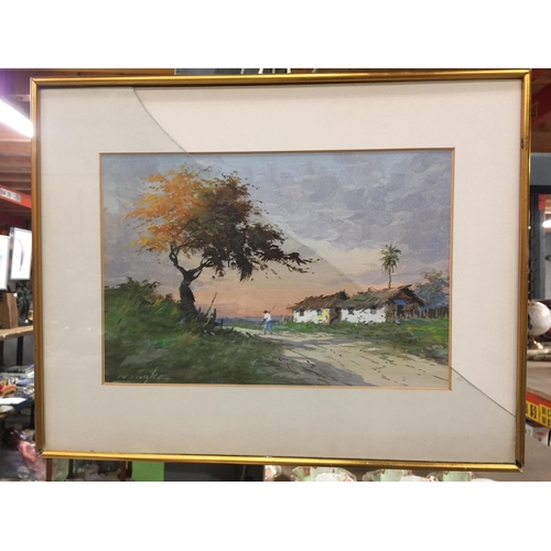 1045 - A FRAMED WATERCOLOUR, SIGNED- GLASS A/F, PLUS A GILT FRAMED PRINT OF A LADY IN THE HAY FIELD