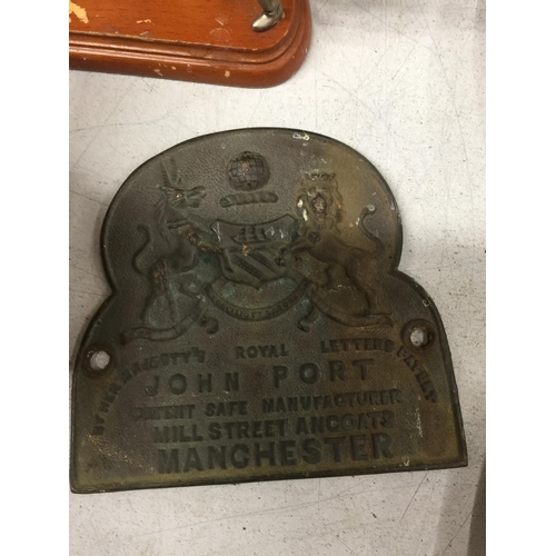 1053 - A SMALL ANVIL, 'COWBOY' POCKET WATCH STAND AND A CAST 'JOHN PORT, MANCHESTER' SAFE PLAQUE