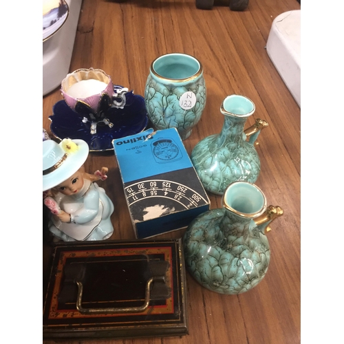 1074 - A VINTAGE ENSIGN FUL-VUE CAMERA, MINI DUTCH VASES, CUP AND SAUCER, FIGURES, ETC