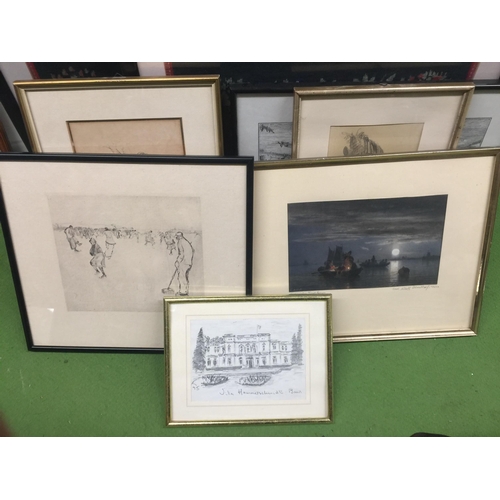 1078 - A QUANTITY OF PRINTS AND TAPESTRIES PLUS PENCIL AND CHARCOAL PICTURES - 10 IN TOTAL