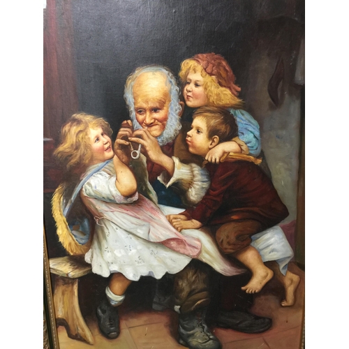 1080 - A LARGE OIL ON BOARD OF A GRANFATHER WITH HIS GRANDCHILDREN IN A GILT FRAME, 100CM X 70CM