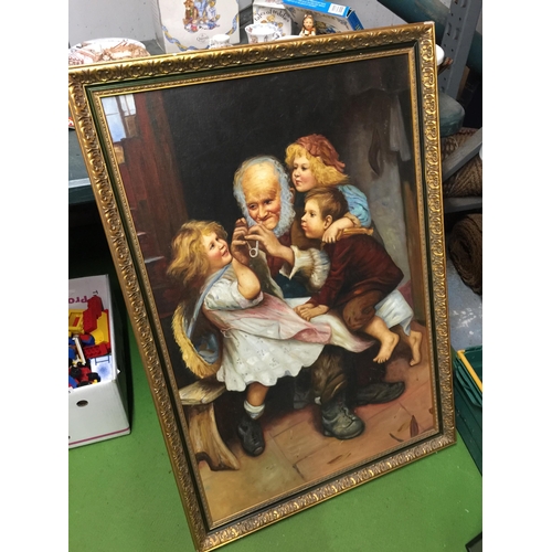 1080 - A LARGE OIL ON BOARD OF A GRANFATHER WITH HIS GRANDCHILDREN IN A GILT FRAME, 100CM X 70CM