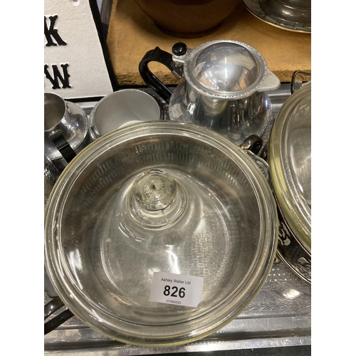 826 - A QUANTITY OF SILVER PLATED ITEMS TO INCLUDE A SWAN BRAND TEASET, TRAY AND GLASS SERVING DISHES WITH... 