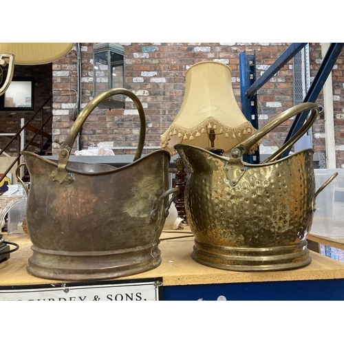 846 - TWO VINTAGE HELMET COAL SCUTTLES, ONE BEING HAMMERED BRASS, THE OTHER COPPER AND BRASS