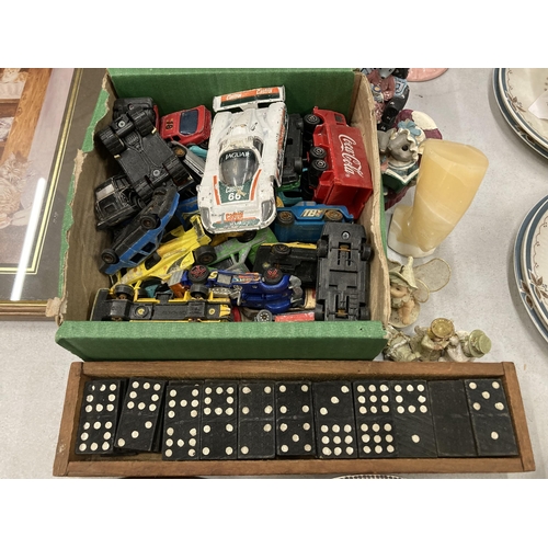 849 - A QUANTITY OF PLAYWORN DIE-CAST VEHICLES, DOMINOES, SMALL FIGURES, TABLE LIGHTERS, ETC