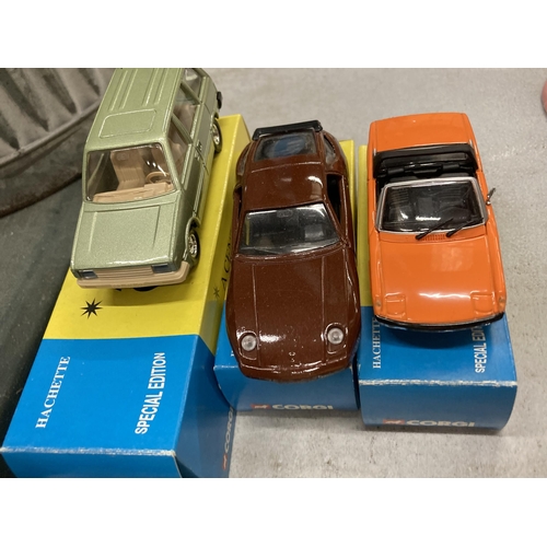 850 - THREE BOXED CORGI 'A CENTURY OF CARS' TO INCLUDE A PORSCHE 928 GT, 914 AND A NISSAN PRAIRIE