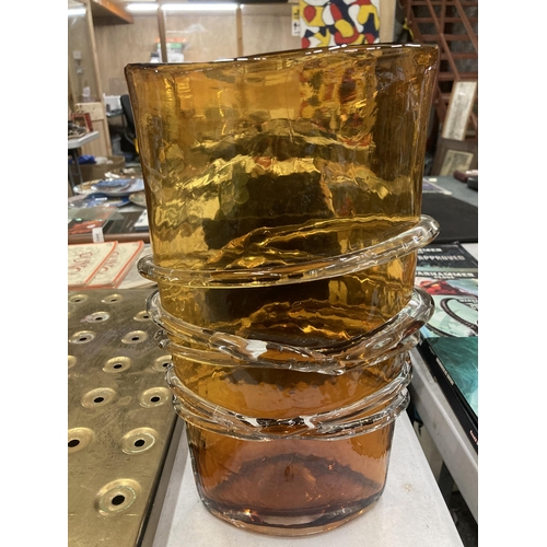 857 - AN AMBER STUDIO GLASS VASE, HEIGHT 32CM