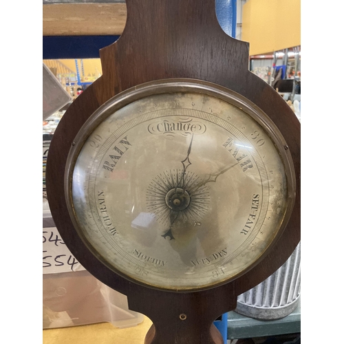 873 - A LARGE VINTAGE MAHOGANY CASED BAROMETER WITH TEMPERATURE GAUGE, LENGTH 108CM