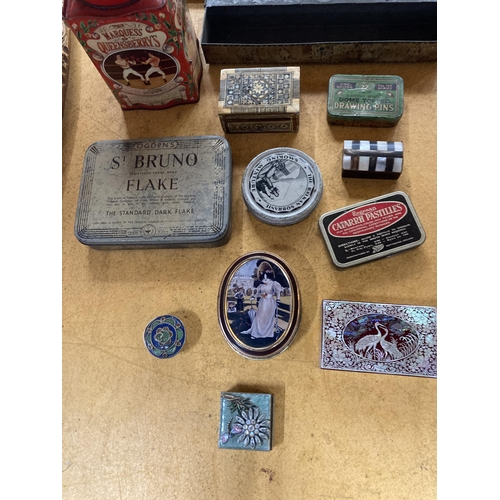 877 - A COLLECTION OF VINTAGE TINS AND BOXES TO INCLUDE MOTHER OF PEARL, ROWNTREE, OGDEN'S ST BRUNO, ETC