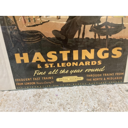 894 - A VINTAGE STYLE BRITISH RAILWAY TRAVEL POSTER FOR HASTINGS AND ST. LEONARDS, 50CM X 60CM