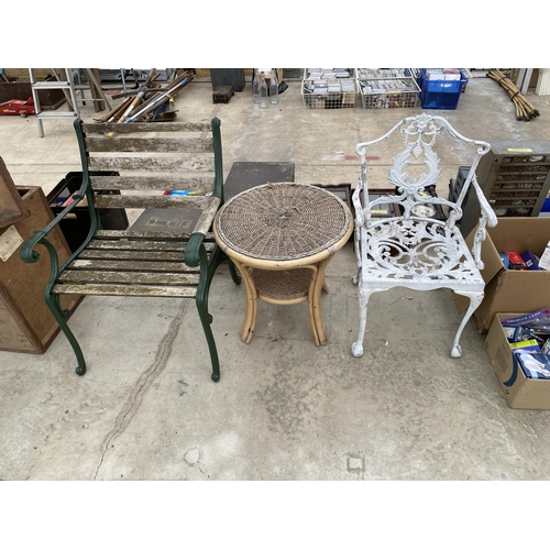 2025 - A CAST ALLOY BISTRO CHAIR, A WOODEN SLATTED GARDEN CHAIR WITH CAST ENDS AND A WICKER TABLE