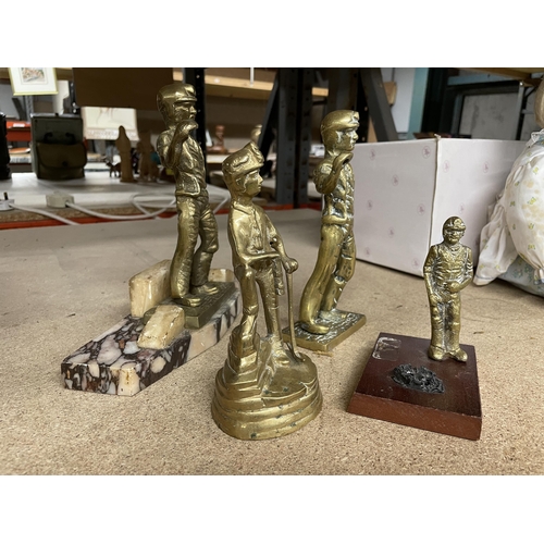 1095 - FOUR BRASS FIGURES OF MINERS, ONE ON A MARBLE PLINTH