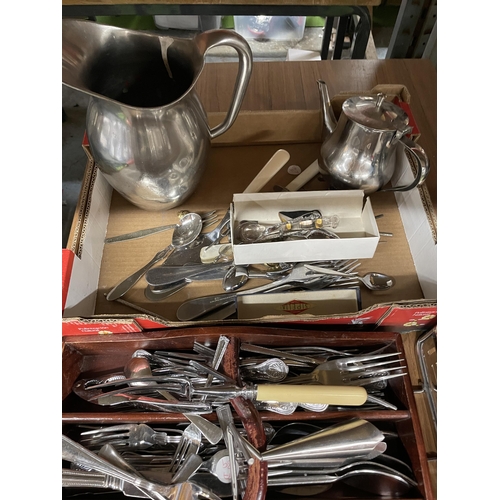 1109 - A LARGE MIXED LOT TO INCLUDE FLATWARE, A LARGE JUG, CANDLESTICKS, A CASH BOX AND A FRAMED PRINT