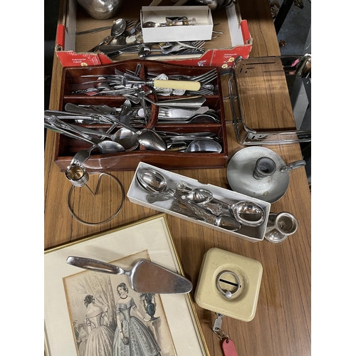 1109 - A LARGE MIXED LOT TO INCLUDE FLATWARE, A LARGE JUG, CANDLESTICKS, A CASH BOX AND A FRAMED PRINT