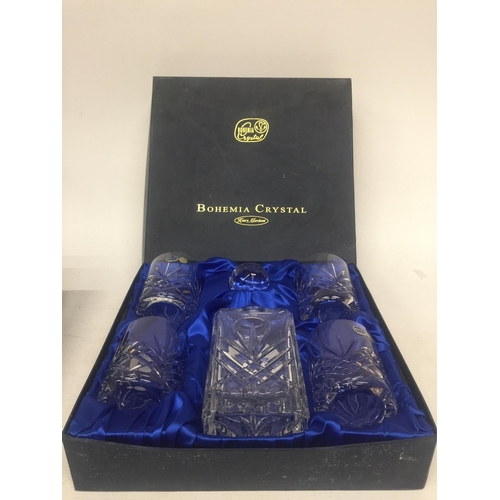 68 - A BOHEMIA CRYSTAL DECANTER WITH FOUR WHISKY TUMBLERS IN A PRESENTATION BOX