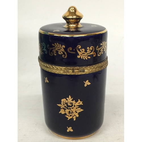 765 - A LIMOGES CASTEL FRANCE 22K GOLD COBALT BLUE  WITH GOLD SCROLL ACCENTS LOVERS PORCELAIN BOX  WITH HI... 