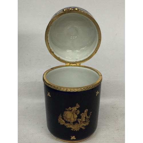 765 - A LIMOGES CASTEL FRANCE 22K GOLD COBALT BLUE  WITH GOLD SCROLL ACCENTS LOVERS PORCELAIN BOX  WITH HI... 