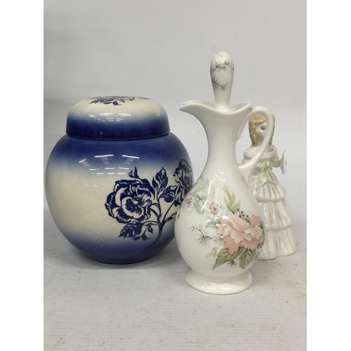 767 - A CARLTONWARE LIDDED GINGER JAR, A ROYAL DOULTON JULIE FIGURE AND A FLORAL VINEGAR BOTTLE