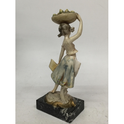 770 - A FONTANINI DEPOSE FIGURE OF A GIRL FRUIT HARVEST ON A GENUINE CARRARA MARBLE BASE