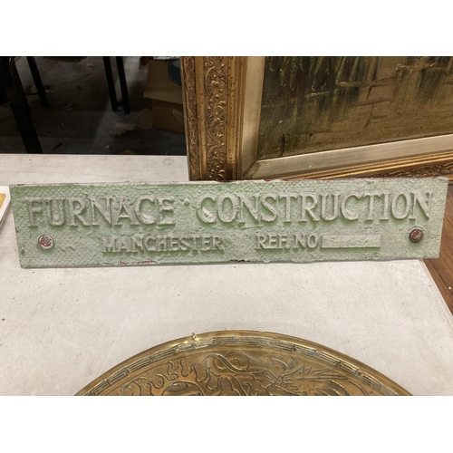 1126 - A METAL 'FURNACE CONSTRUCTION', MANCHESTER SIGN, 40CM X 8CM